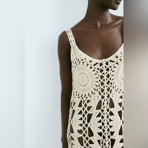 ZARA MACRAMÉ FRINGED KNIT DRESS - Picture 6 of 10